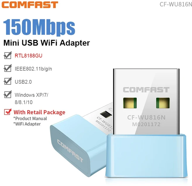 Comfast 150Mbps USB WiFi 어댑터 2.4GHz 인터넷 카드 드라이브 LAN Wi-Fi 수신기 키 동글 안테나 Para PC, 1, 01 150Mbps CF-WU816N
