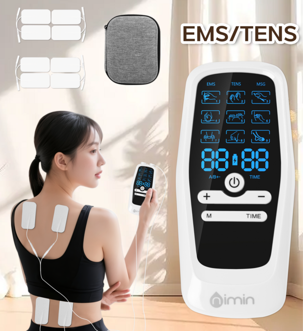 nimin 저주파 마사지기 패드 EMS/TENS 듀얼 채널 어깨 허리 복근 마사지+ 수납박스 전용 겔패드 증정, 화이트