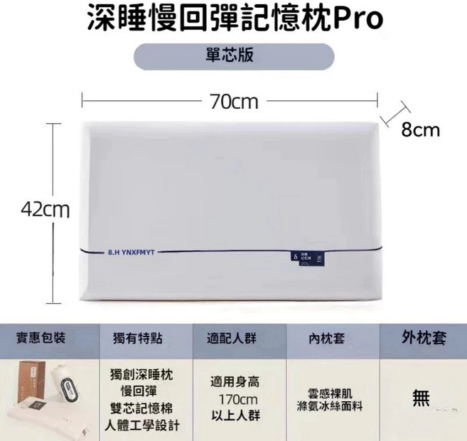 8.H 深睡慢回彈記憶枕Pro 護頸枕, 白色【8cm】, 1件
