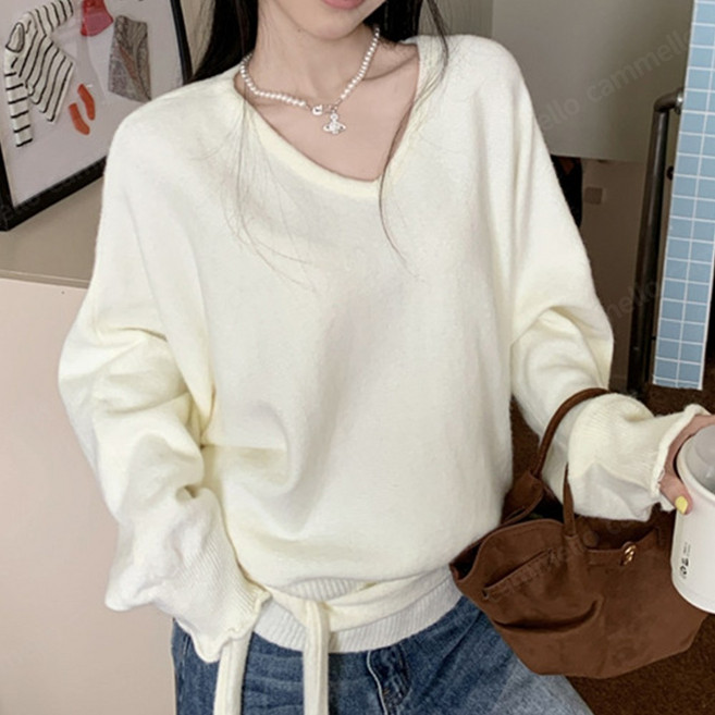 cammello 허리끈 디테일 브이넥 웨이스트 스트랩 니트 티셔츠 루즈핏 긴팔 스웨터