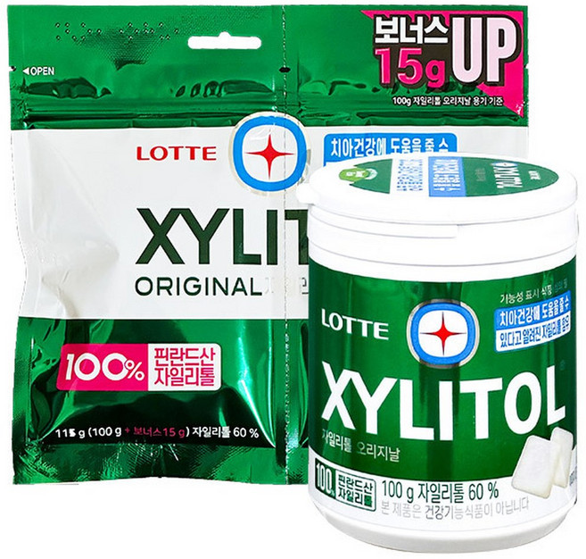 롯데 자일리톨 껌 오리지날 용기100g+리필115g상쾌 시원 입가심, 1개, 100g