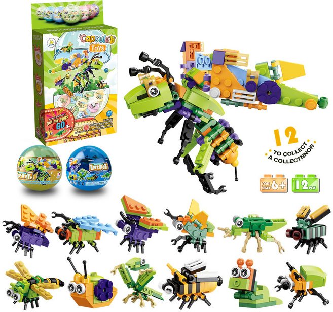 캡슐 블럭 12in1 공룡 해양 곤충 자동차 호환 블럭 세트 합체 헤더박스포장, 옵션3번 곤충, 1개