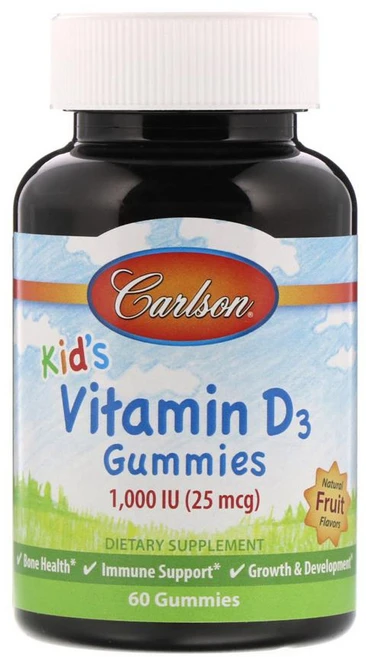 Carlson Labs 칼슨 랩스 키즈 비타민D3 구미젤리 과일향(딸기 레몬 오렌지맛) 25mcg(1 000IU) 구미젤리 60개 콜레칼시페롤 함유 - 쿠팡