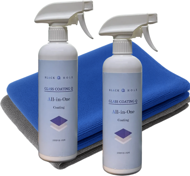 블랙홀 글라스 코팅큐 500ml 2개 초극세사 타월 4장 유리막 발수코팅제 물때 세정
