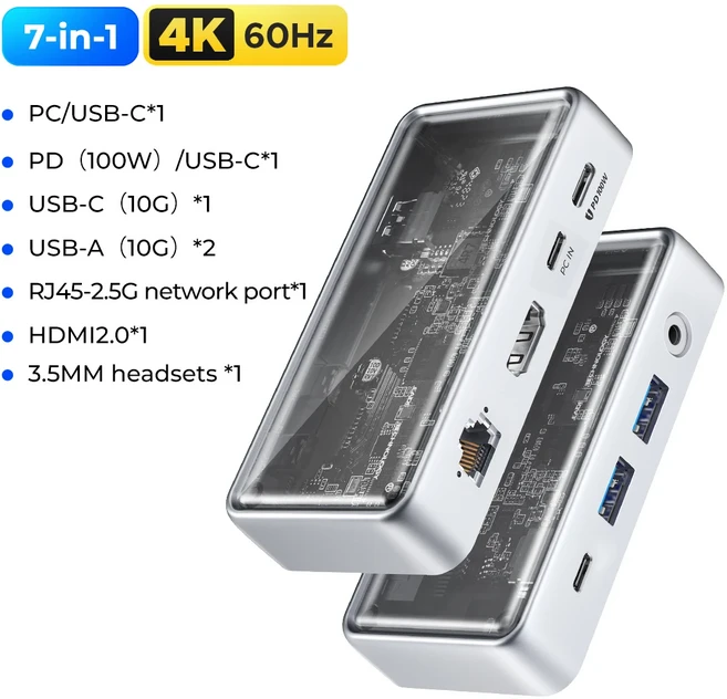 ORICO 금속 USB C 도킹 스테이션 HDMI 호환 USB 3.0 어댑터 RJ45 맥북 프로 노트북 액세서리 10Gbps 4, 04 7in1 4K 60HZ AUD, 01 China Mainland, 03 7in1 4K 60HZ AUD