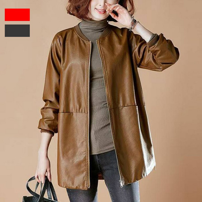 JUSTFEELING ~7xl까지 중년여성 인조가죽코트 라운드넥 간단한 긴팔 재킷 트렌치코트 4050대 노카라 봄 가을 겨울 바람막이 노카라 점퍼 3컬러