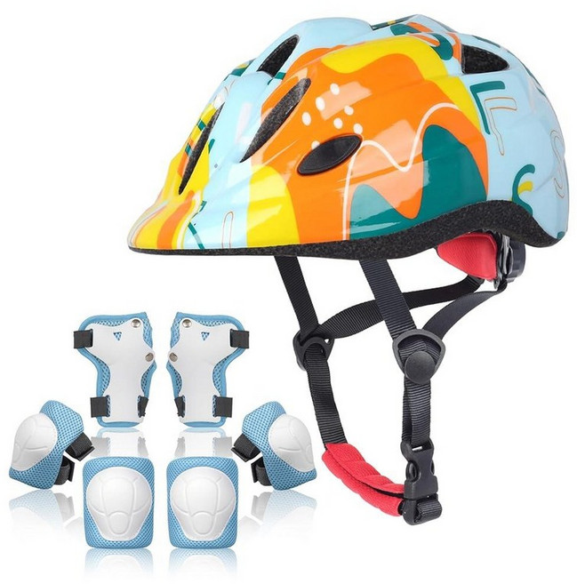 Atphfety 아동용 헬멧 세트 남아 여아용 유아 헬멧 무릎 팔꿈치 패드 손목 보호대 자전거 스케이트 스케이트보드 사이클링 스쿠터 롤러블레이드용, 블루