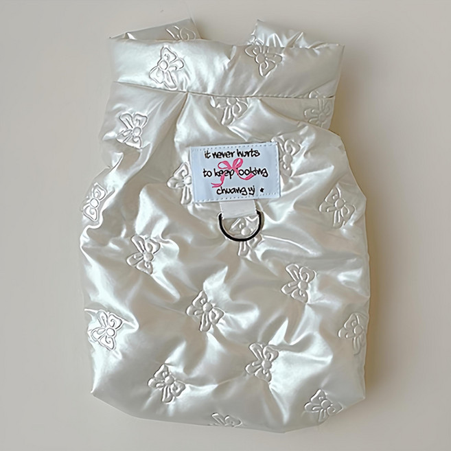 코코스튜디오 반려동물 하네스 글로시 리본 패딩조끼, 화이트, 1개