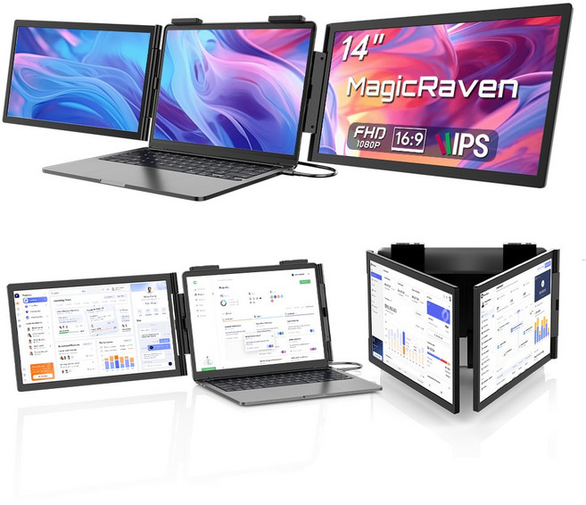 MagicRaven 14인치 노트북 트리플 모니터 IPS FHD 휴대용 보조 포터블 모니터, 1080-60Hz 블랙, 35.56cm