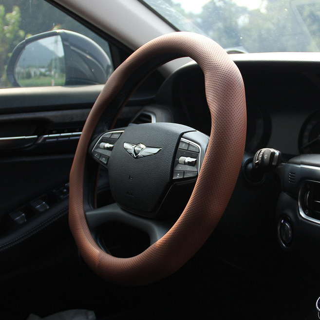 베베카 차량용 핸들커버 냄새없는 논슬립 봉제 자동차핸들카버 슬림핏 무봉제 그립감 370mm~380mm, 브라운