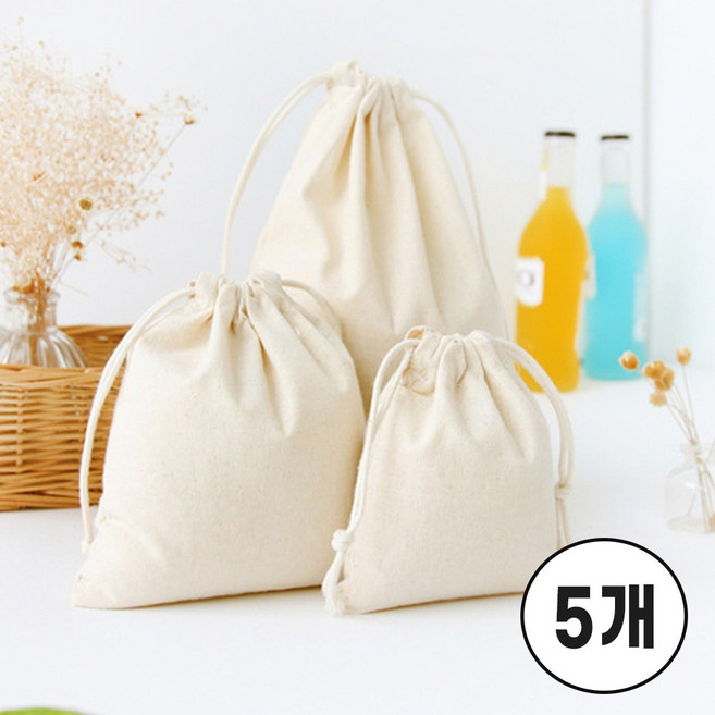 fooi 린넨 무지 캔버스 복조리 파우치 대용량 순면 주머니 더스트백 한약망 거름망 다용도 수납, 5개