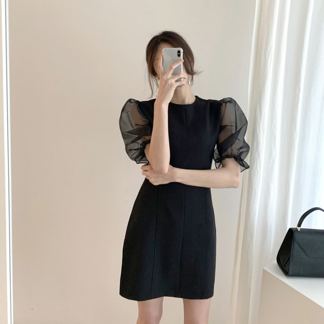 크레스티 여성 라운드넥 슬림 시폰 원피스 정장 드레스 미니 원피스