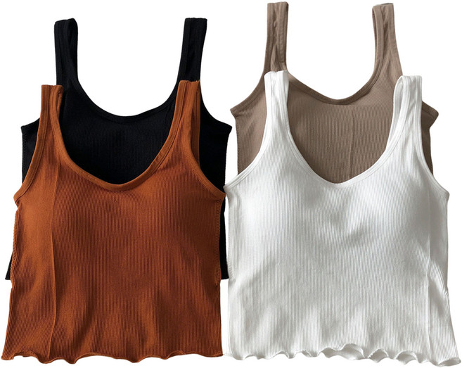 美德拉 羅紋美背U領帶胸墊背心 遮副乳細帶運動短款 黑色白色棕色橘棕色 均碼