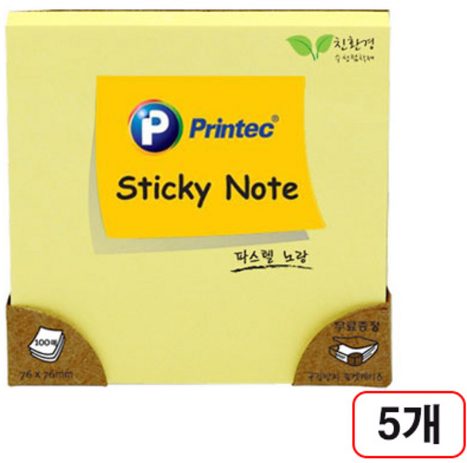 프린텍)스티키노트 파스텔(76x76mm/100매), 노랑(7676Y), 100매, 5개