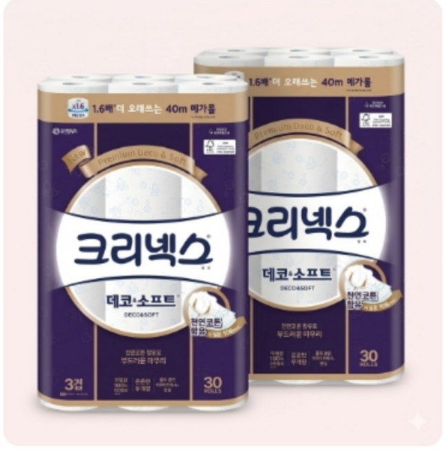 크리넥스 데코&소프트 3겹화장지 40m 30롤 2개