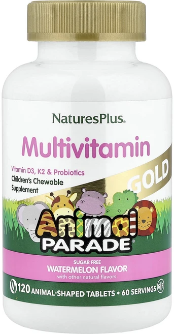 NaturesPlus Source of Life Animal Parade 골드 어린이용 츄어블 종합비타민 & 미네랄 보충제 천연 수박맛 동물 모양 정제 120정, NaturesPlus Source of Life ..., 1개 - 쿠팡