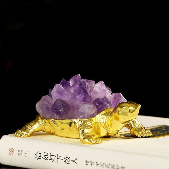 天然黃水晶 水晶龜 招財擺件, 紫水晶簇+金色烏龜