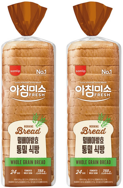 삼립 통밀식빵 쫄깃한 식감 곡물 풍미 가득 24슬라이스, 755g, 2개