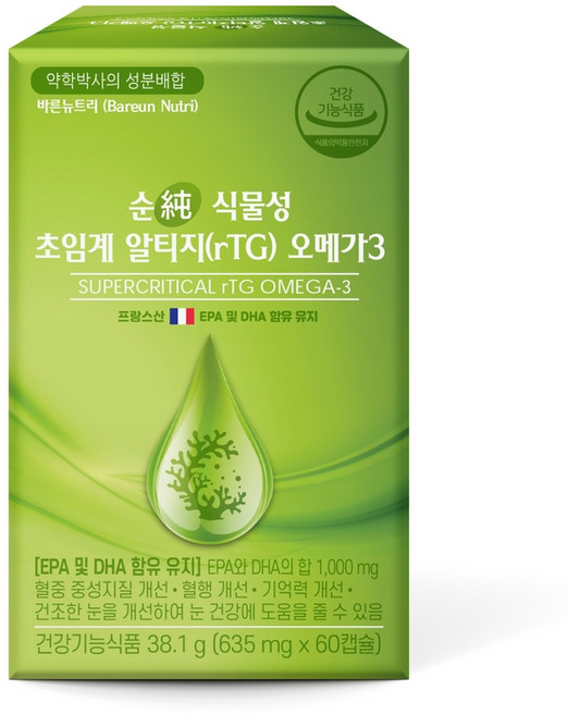 바른뉴트리 순 식물성 초임계 알티지 오메가3 1000mg 영양제 DHA, 60정, 1개