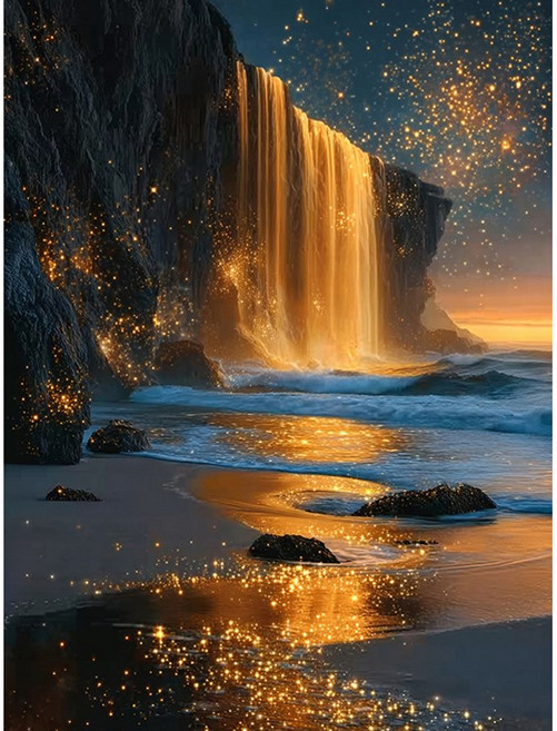 뉴타임즈 보석 자수 캔버스 타입 40X50cm 액자 포함 다이아몬드 그림 홈 인테리어 수공예 애호가 풍경화 동식물 특별한 선물, 1개, 금빛 폭포 00405