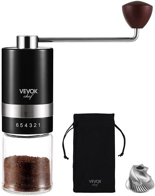 VEVOK CHEF 수동 커피 그라인더 핸드 6 외부 조절 가능한 설정 스테인리스 스틸 원뿔형 버 분쇄기 휴대용 크랭크 콩 에스프레소용 미세, 검은색
