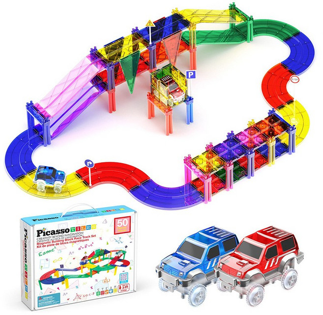 [피카소타일] 자석블럭 트랙레이스 빌딩50PCS_PTR50 (LED자동차 2개포함) 호환블럭 STEM블럭 트랙블럭 자동차레이싱블럭, 1개