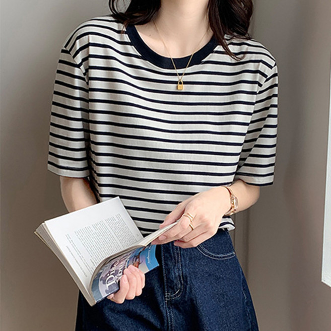 데일로엔 여성 라운드넥 줄무늬 반팔티셔츠