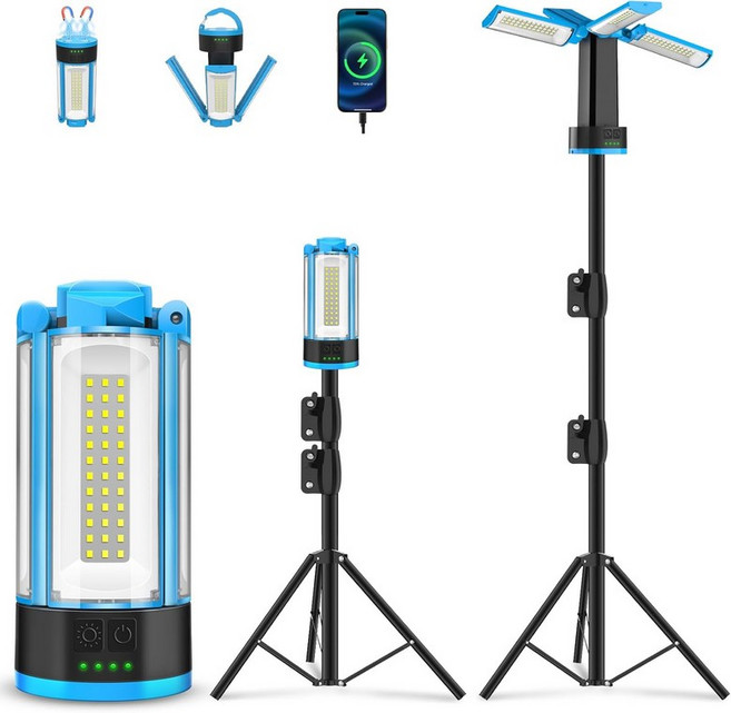스탠드가 있는 T-SUN 충전식 10400mAh 캠핑 라이트 4개의 LED 램프 헤드가 무선 작업용 6000K 퓨어 쿨 화이트 포커스 빔을 위한 휴대용 분리형 삼각대 및 보관 가방, Black