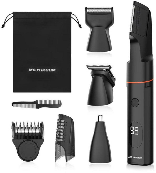 남성용 MAXGROOM 맨스케이프 바디 헤어 트리머 방수 퍼빅 사타구니 & 볼 면도기 LED 디스플레이가 있는 노닉 남성 그루밍 키트 타입-C USB 충전식 가이드 빗, MAXGROOM MansCAPE 케이프 남성용 바디 헤