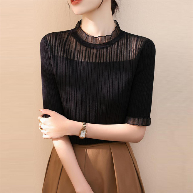 TKX 여성용 봄 여름 반하이넥 니트 탑 슬림핏 시스루 포인트 골지 티 고급 경량 상의