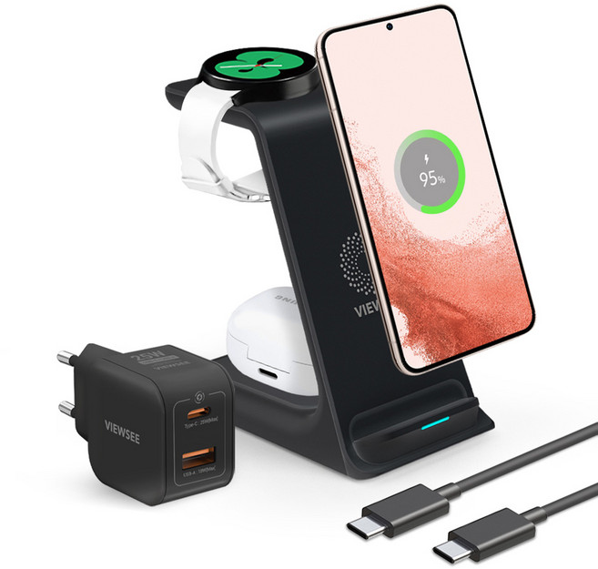 뷰씨 3in1 고속 무선 충전기 거치대 애플워치 갤럭시 워치 호환 25w 초고속 충전기 포함, 블랙