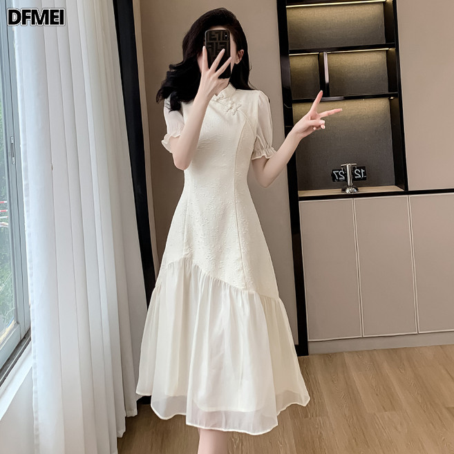 DFMEI 裙子夏季女裝新中式旗袍改良復古小香風連衣裙拼接設計感氣質顯瘦