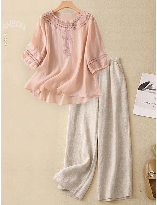 ANYOU 여름 투피스 슬림핏 면마 세트 린넨 와이드 팬츠 면마 자수 여 세트
