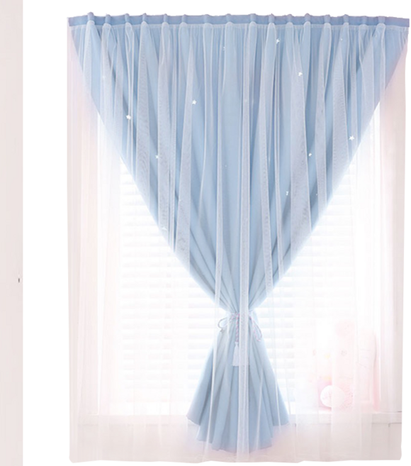 雙層黏貼窗簾 蕾絲遮光窗簾免打孔安裝, 天藍