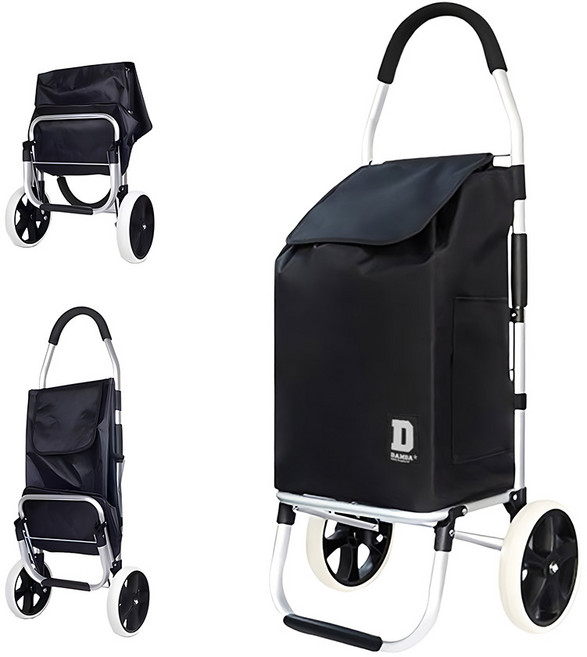 트렌드컨테이너 바퀴달린 시장 장바구니 접이식 폴딩 쇼핑 핸드 카트, 블랙, 1개