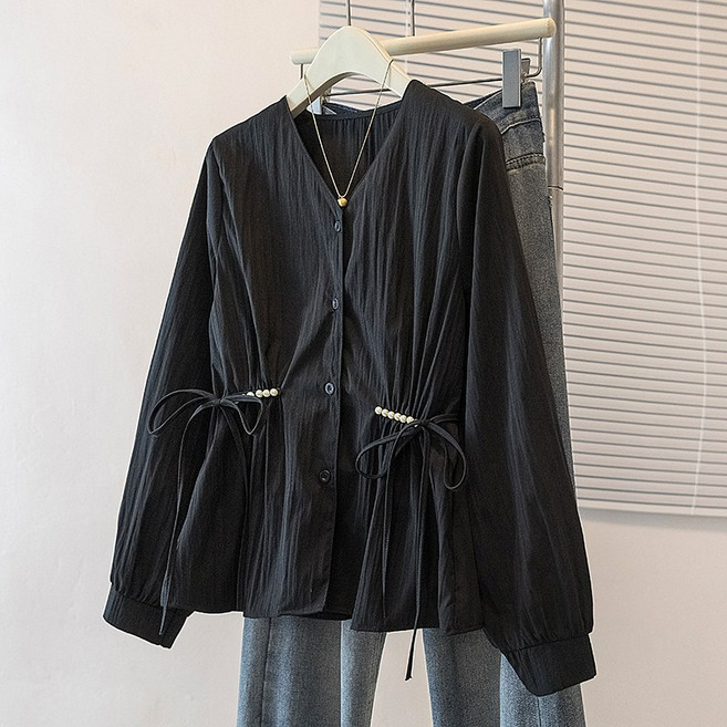 여성용 빅사이즈 루즈핏 반팔 블라우스 브이넥 벨트 비즈 긴팔 셔츠