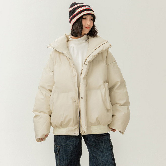 ANYOU 여성 숏 패딩 점퍼 PU 자켓 스탠드 칼라 오버핏 두꺼운 생활방수 가죽잠바 겨울 따뜻한 보온 아우터