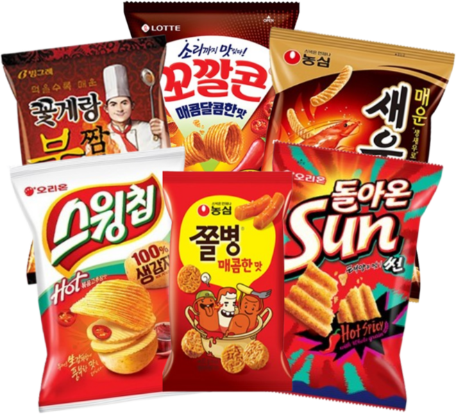 매운과자6종세트 꽃게랑불짬뽕70g+꼬깔콘매콤달콤134g+썬핫스파이시64g+쫄병매콤한맛82g+매운새우깡90g+스윙칩볶음고추장60g/, 500g, 1세트