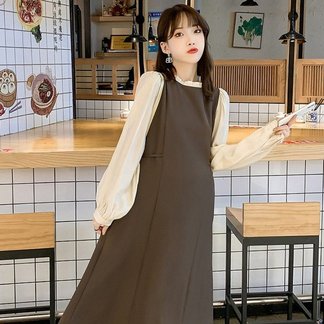 메인워크 임산부 원피스 봄가을 패션 패치 가짜 투피스 캐주얼 임부복 편한 미디스커트 간절기 데일리 긴팔 롱원피스