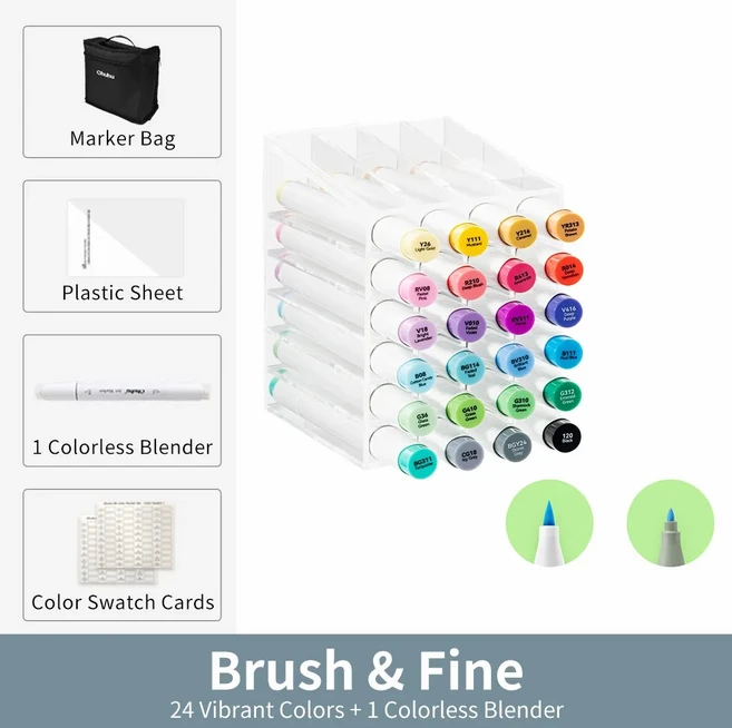 오후후 호놀룰루 B 마커 펜 세트 컬러 알코올 아트 리필 가능한 듀얼 팁 스케치 드로잉 만화 학교 용품, 01 24 Basic Colors