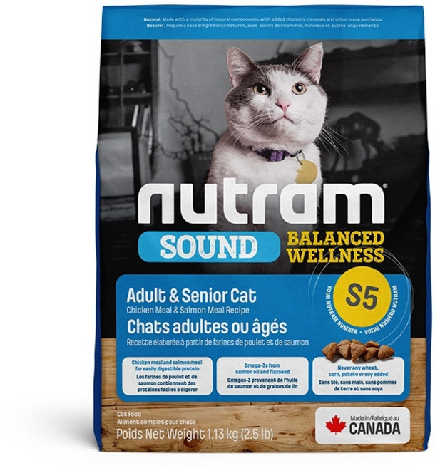 紐頓 Nutram S5 均衡健康系列 雞肉+鮭魚 成貓&熟齡貓 貓飼料, 1個, 1.13kg