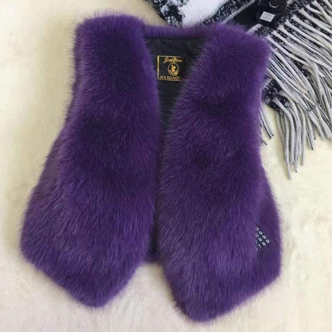 ROYALBELLE 여성 브이넥 인조 폭스퍼 포근 고급 베스트 단추없는 숏기장 퍼 베스트 F0111034