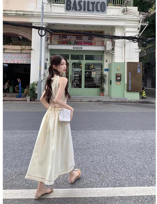 鏤空露腰掛脖弔帶連衣裙 女夏季收腰顯瘦流蘇長裙子, 杏色,XL, 杏色