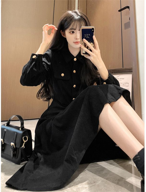 여성 봄 가을 긴팔 원피스 캐주얼 코듀로이 플라워 기질 치마 루즈핏 슬림핏 원피스 패션 트렌드 원피스 WMY