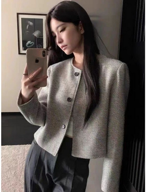 女款復古圓領短款外套 秋季人字紋寬鬆上衣 灰色