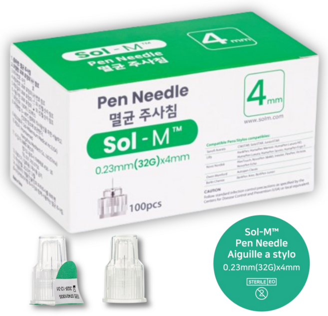 sol M 솔엠 일회용 멸균 인슐린 펜니들 32G 4mm 100p 병원 의료용 당뇨 태반 성장 정밀 주사, 1박스