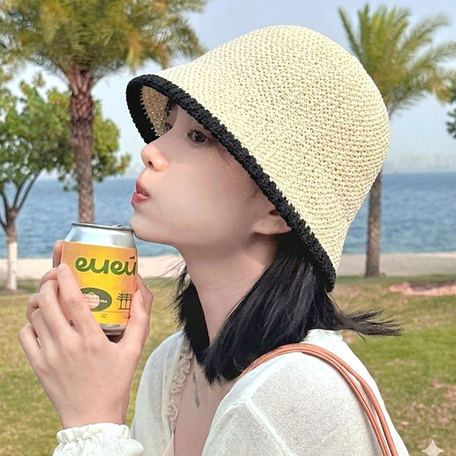 토리모 심플 배색 여름 벙거지 모자 라탄