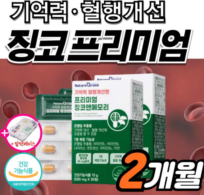 고함량 징코 플러스 기억력 혈액 혈행 개선 순환 은행잎추출물 인지력 에좋은 수험생 감퇴 식약청 식약처 혈관 집중력 청소, 2박스, 30정
