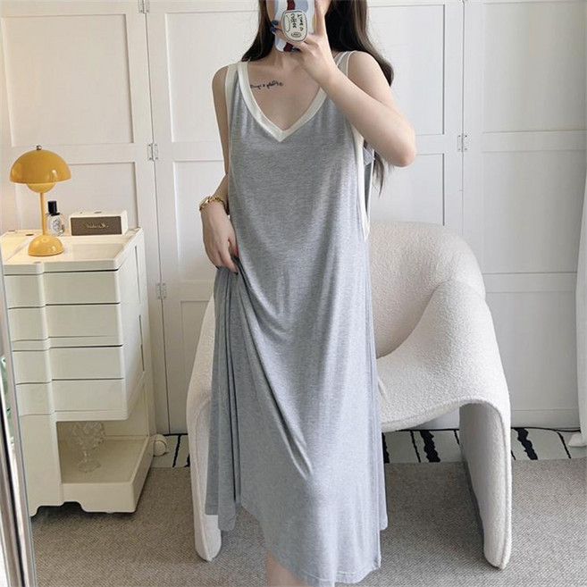 부드러운 면 소재 잠옷 원피스 나시원피스 편안한 루즈핏 여성 여름 잠옷 실내복 V넥 민소매 원피스