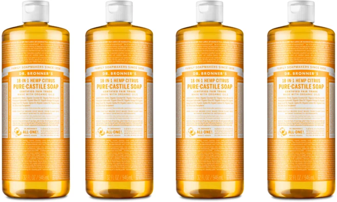 닥터브로너스 퓨어 캐스틸솝 물 비누 945ml x 4 시트러스 오렌지 레몬 라임 18in1 다용도 세안 바디 세탁 - 쿠팡